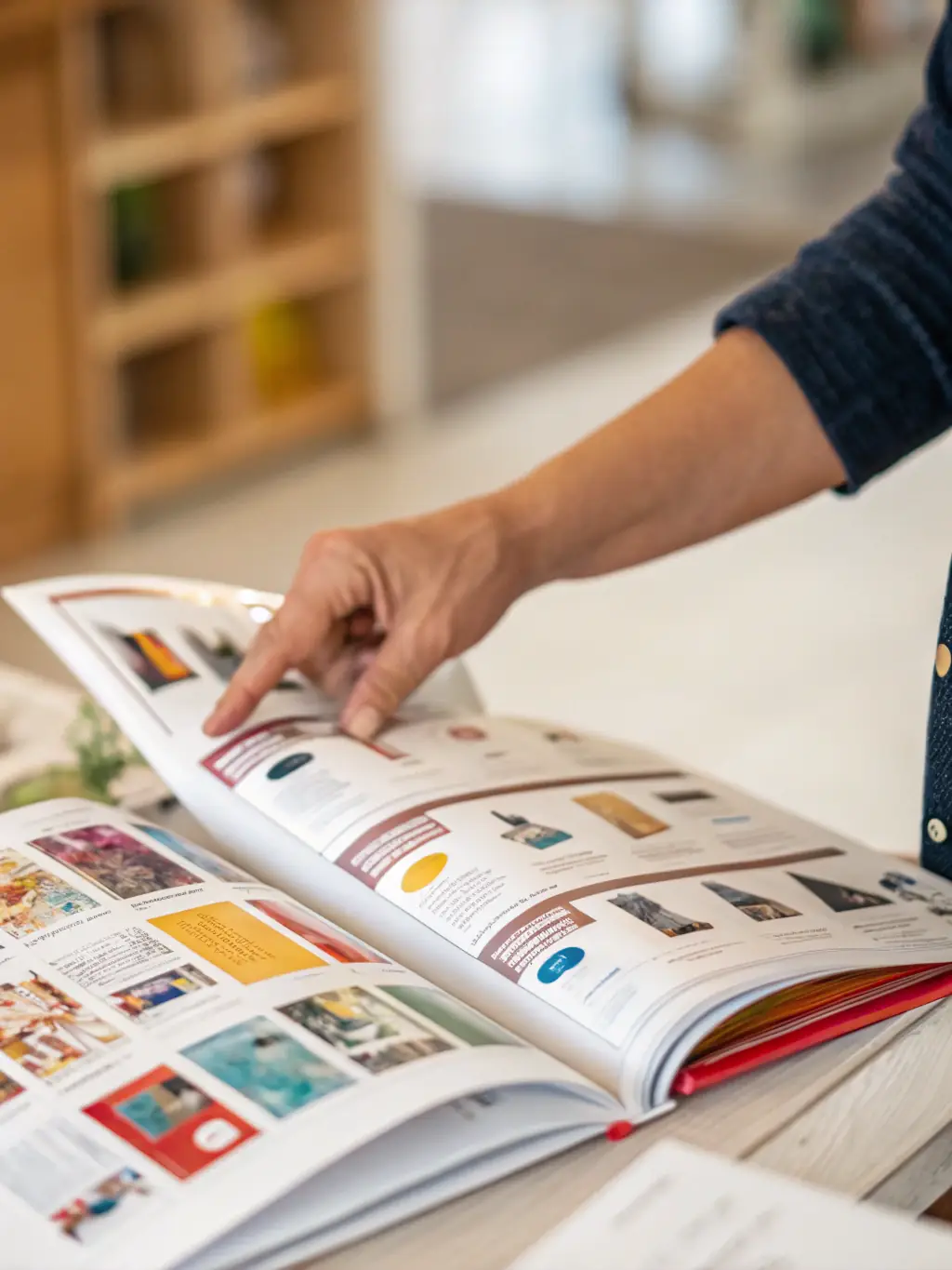 A hand holding a Textura Home catalog, showcasing various curtain designs and fabric options.