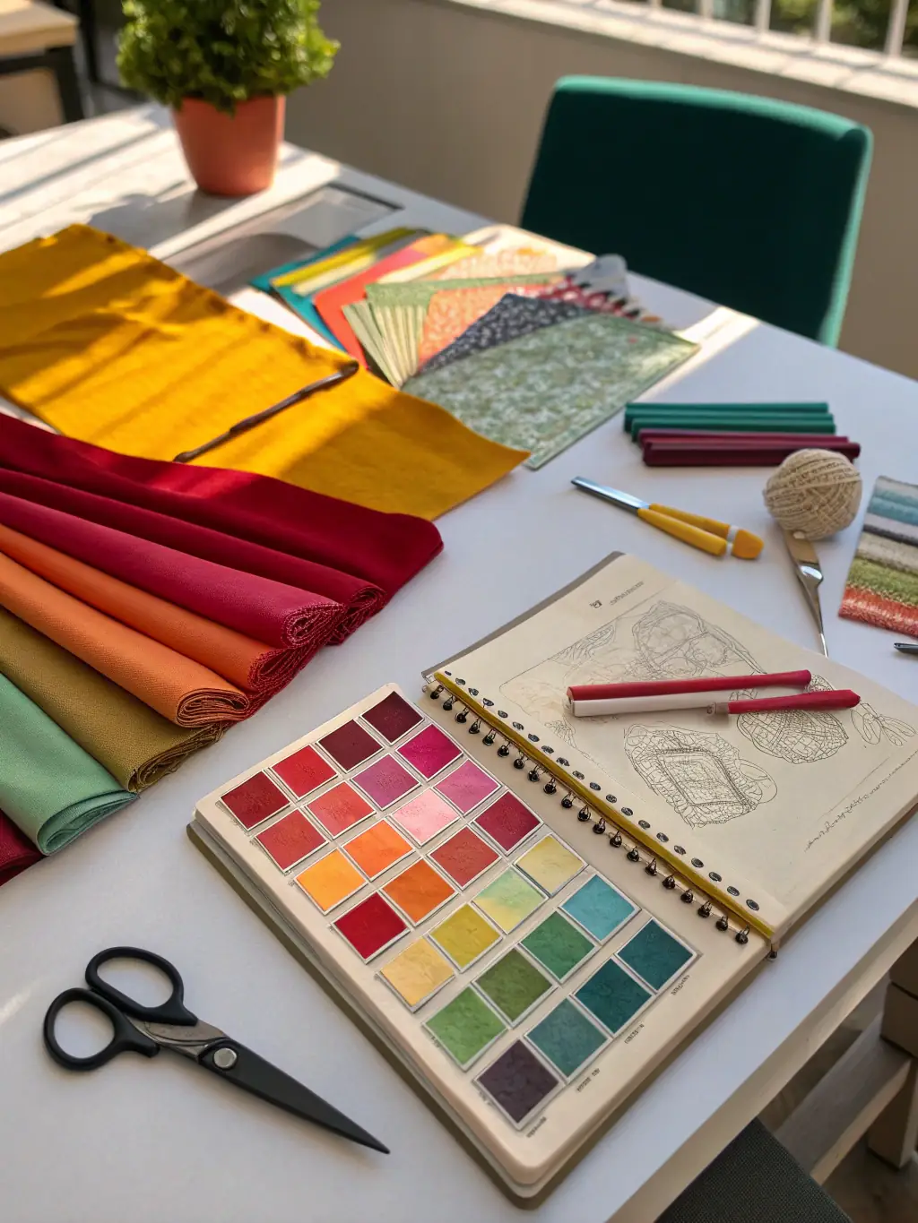 A close-up shot of a designer's hands sketching a curtain design, with fabric swatches and design tools scattered around.