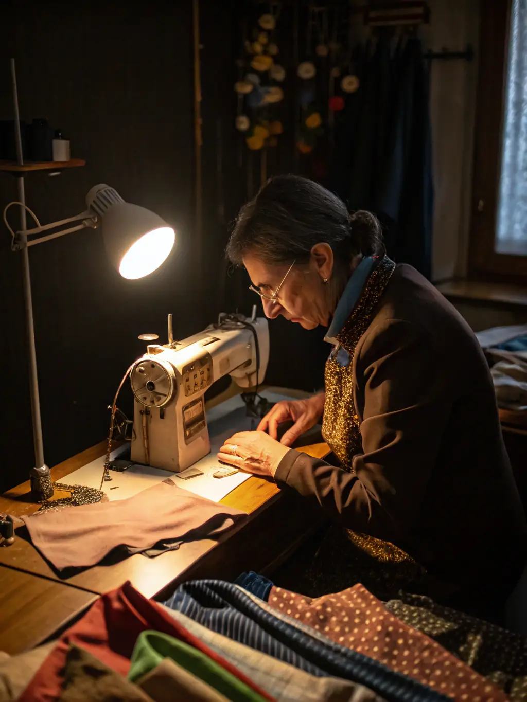 A tailor working on a curtain, using a sewing machine in a well-lit workshop.